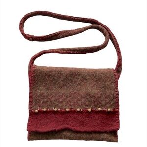 Felted Boho Artisan crossover shoulder bag. Burgundy purse beaded trim. Handmade